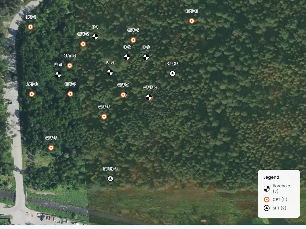 Site plan with boreholes, CPTs and SPTs on an aerial photo