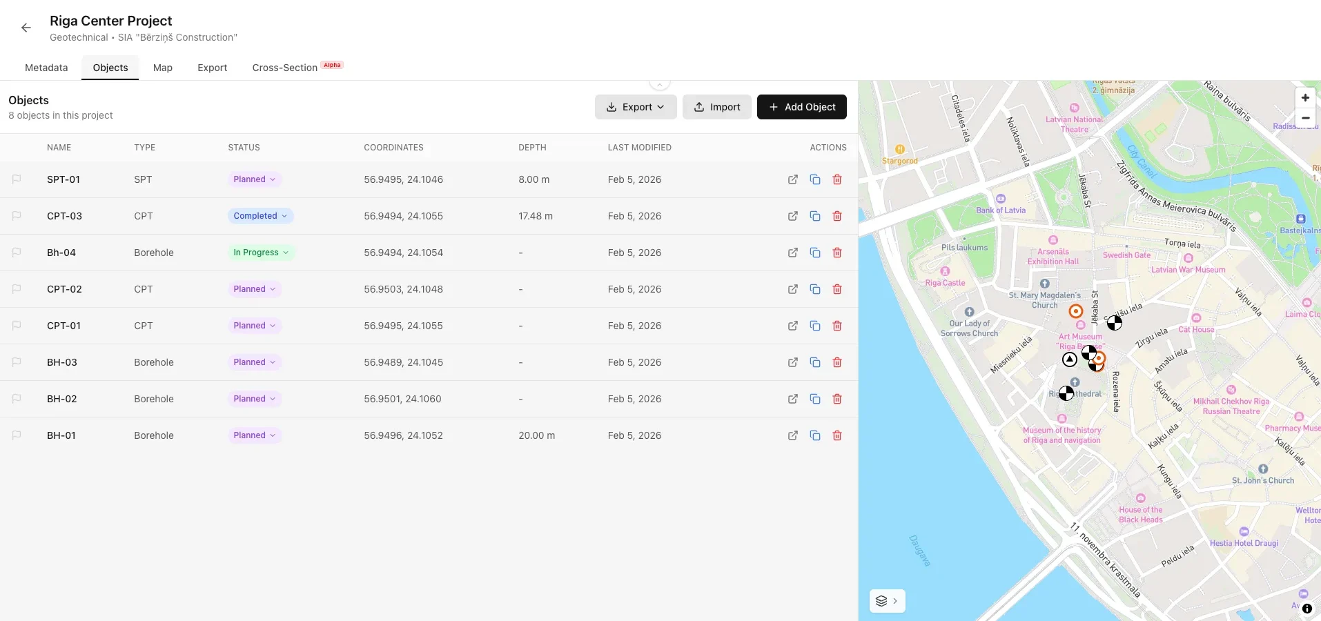 Project objects table and site map in Borebase